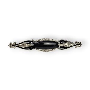 Vintage Ornate Bar Brooch Black Enamel Silver Tone Fleur-de-lis Art Deco 2" Long